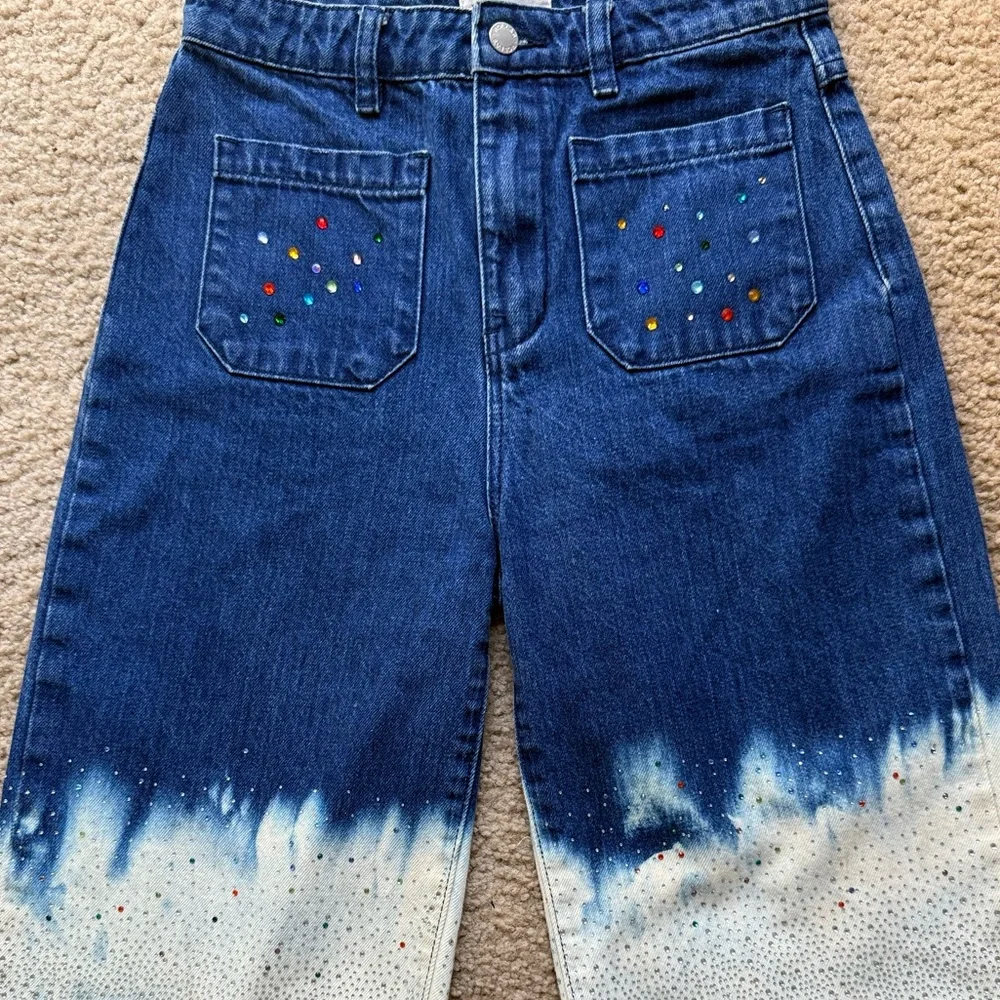 Rolla’s Upcycled Rhinestone Star Denim Bermuda Shorts Festival Boho Sparkle S